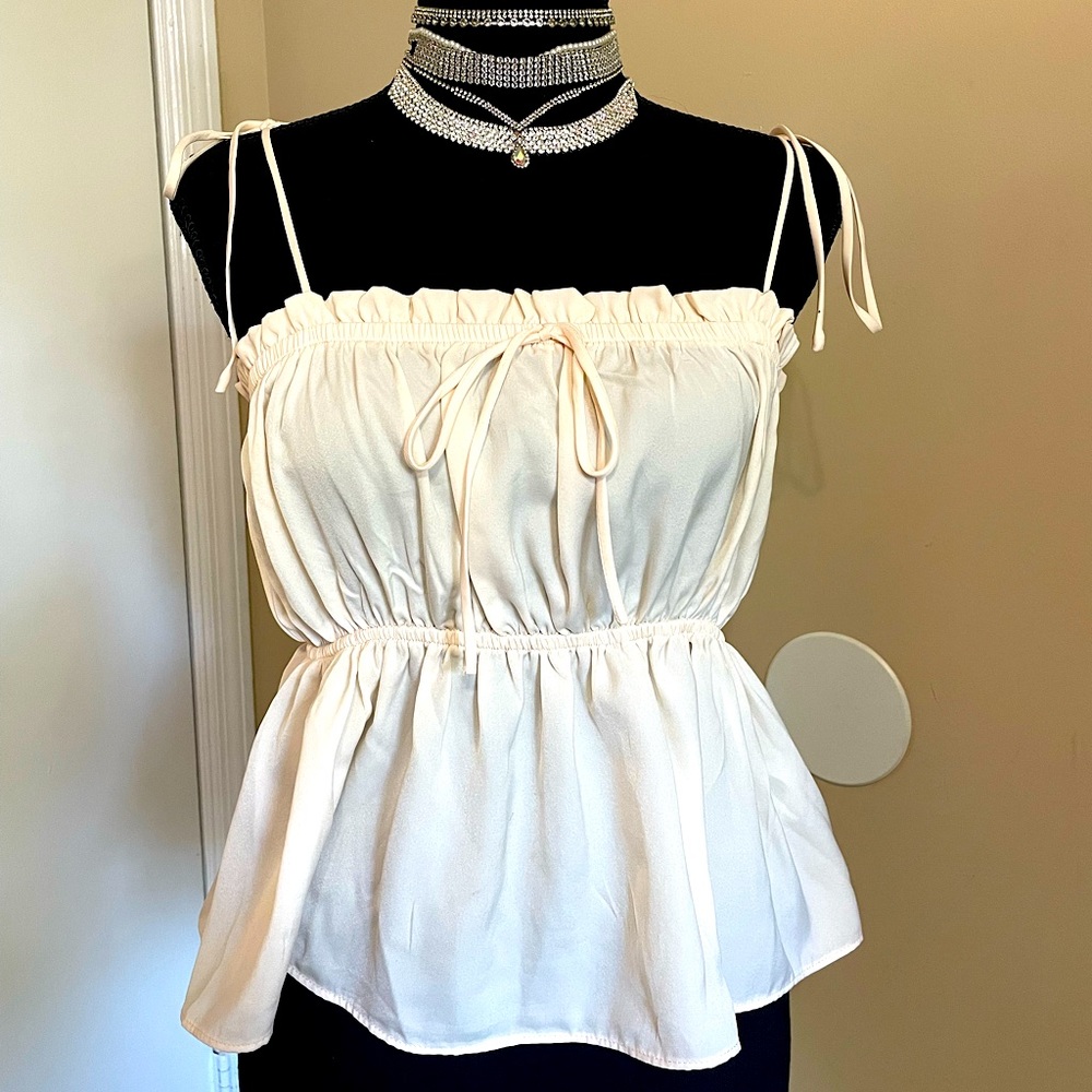 Forever 21, off-white/cream colored, ribbon-tie spaghetti-strap, flared blouse.